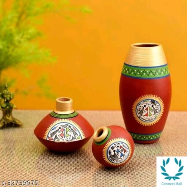 Handcrafted Rustic Warli Vases In Red Colour Pack Of 3 Sizes - 3
